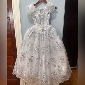 White and Silver Sequin First Communion Dress